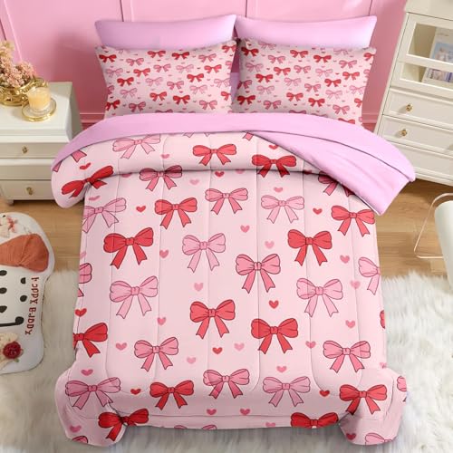 Image of Nesker Bow Comforter Set Full Size, 7 Pieces Bed in a Bag, Pink Bow Bedding Set for Girls, Princess Coquette Heart Comforter Set with 2 Pillowcases & 2 Shams