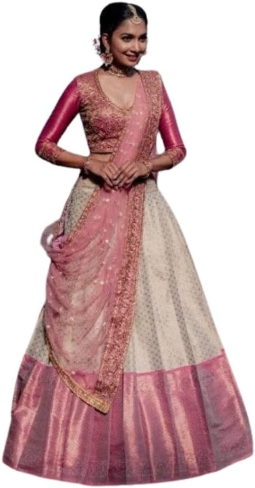 Shree Radhe Women's Kanjivaram Silk Semi-Stitched Designer Lehenga Choli (Light Pink & White) - N_PINK WHITE BUTTI
