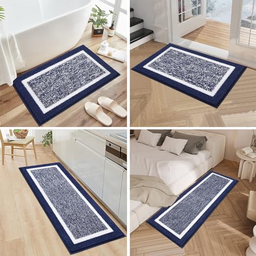 Pauwer Bathroom Rugs Sets 3 Piece Bathroom Shower Rugs with U-Shaped Contour Toilet Mat Absorbent Microfiber Plush Bath Mats Non Slip Bath Rugs Machine Washable Shaggy Bathroom Floor Mats, Navy