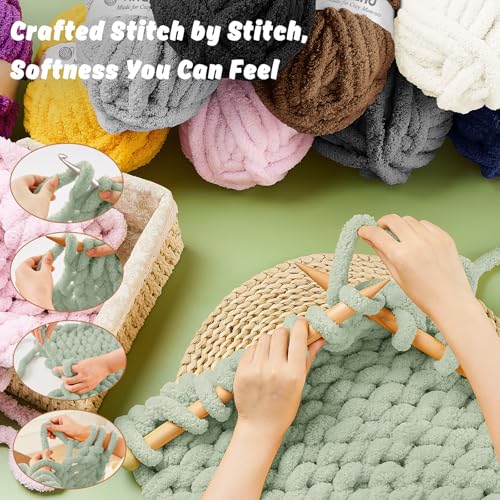 Image of Inhand Meadow Green Chunky Chenille Yarn for Hand Knitting,Thick Bulky Christmas Blanket Yarn for Crocheting,Soft Fluffy Yarn for Crochet holiday Gifts for Women /Beginners,18 Pack (29.5Yds /8.4oz Each)