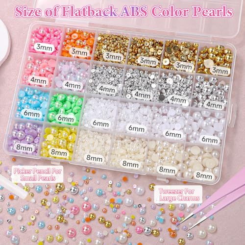 Image of 9000Pcs Flatback Pearls for Crafting, Gold Silver White Beige Nail Half Pearls, 3-8mm Color Half Round ABS Flatback Pearl Gems Bedazzling for Nails Crafts DIY Shoes Clothes Bags