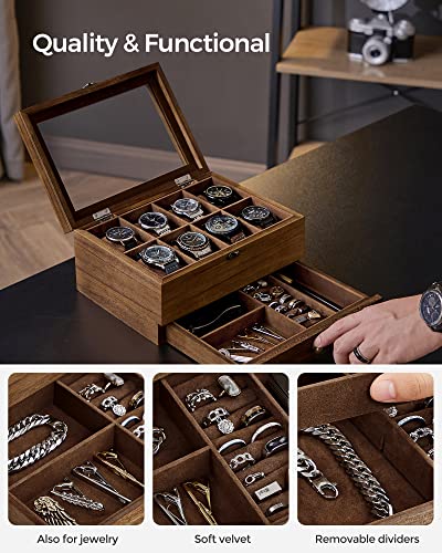 SONGMICS 8-Slot Watch Box, 2-Tier Watch Display Case with Large Glass Lid, Removable Watch Pillows, Velvet Lining, Jewelry Box, Gift Idea, Rustic Walnut UJOW008K014