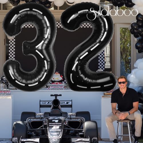 Image of Race Car 40 Inch Black 32 Big Large Helium Balloon Number 0-9 | Track Giant Digital 32nd Foil Mylar Balloons for Men Birthday Car Theme Party Anniversary Graduation Decorations