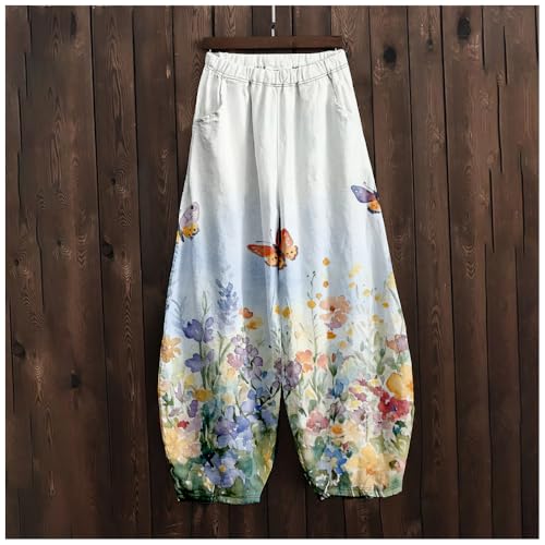 HOTYD Womens Cotton Linen Wide Leg Barrel Pants Boho Floral Print Elastic Relaxed Fit Baggy Lantern Trousers with Pockets4