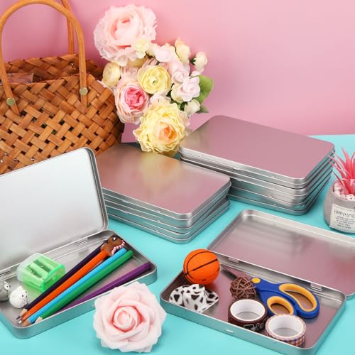 Image of Geiserailie 40 Pack Rectangular Metal Tin Box with Lid Metal Hinged Lid Tin Mini Paint Storage Box Empty Container Storage for Watercolor Jewelry Pen Candy Craft Organizer 7.0 x 4.2 x 0.6'' (Sliver)