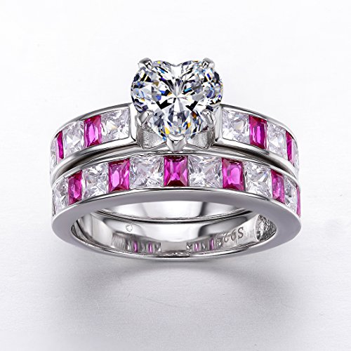 925 Sterling Silver Rings for Women, Heart Wedding Bridal Ring Set, Simulated Blue Sapphire Stackable Wedding Band Solitaire Promise Ring for Her3