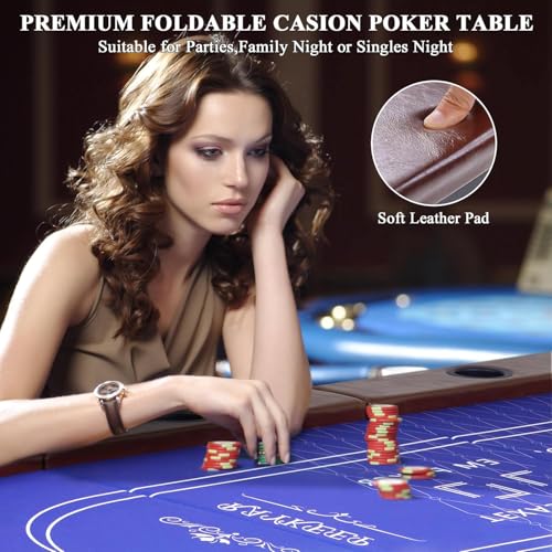 RAYKEEP Foldable Poker Table for 10 Players, 84\" Folding Blackjack Texas Holdem Table, Portable Casino Leisure Card Board Game Table with Cup Holders and Padded Rails for Game Room (Brown) - Thumbnail 3