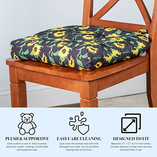 Aubrie Home Accents Sunflower Trellis 2-Pack Kitchen Dining Chair Pad Reversible Seat Cushion For Indoor Use With Ties Floral Country Farmhouse, Yellow Green Black #TOP2
