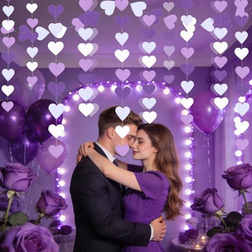 Image of Purple Party Decorations Heart Garland, 39Ft Purple Lavender White Streamers Birthday Banner Anniversary Engagement Wedding Baby Bridal Shower Bachelorette Lilac Theme Party Decor Supplies