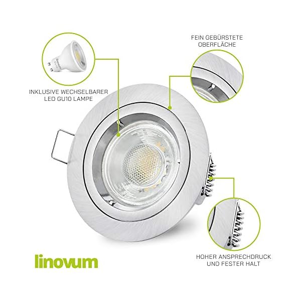 linovum® 10er Set Einbaustrahler LED GU10 230V - runde Einbauspots Edelstahl gebürstet Optik inkl. LED GU-10 neutralweiß… – Bild 3