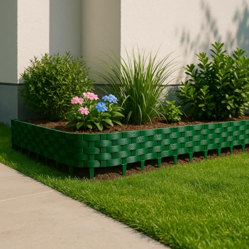 Image of Woven Garden Border Fence - Interlocking Edging Panels | Flexible Weave Fence for Flower Beds, Lawns & Pathways (Brick Design (10 Pcs), Terracota Brown)