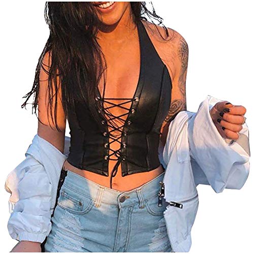 Gepaui y2k fashion tops, women sexy crop tops leather lace up tan…