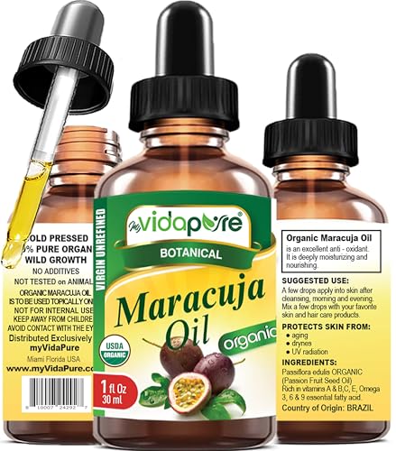 MYVIDAPURE Organic MARACUJA OIL Passion Fruit Certified Organic 100% Natural, Pure WILD GROWTH VIRGIN UNREFINED Brazilian. 1 Fl.oz.- 30 ml. For Skin, Face, Hair, Lip and Nail Care