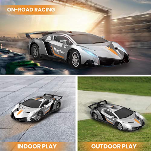 Holyton Remote Control Car 2.4GHz RC Cars for Kids and Toddler, 1/18 Scale Model Electric Vehicle with LED Lightning, 2 Rechargeable Batteries, Fast Car Toys for Boys and Girls, Color Silver - Thumbnail 3