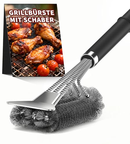 Grillbürste Edelstahl Grillbürste mit Edelstahl Schaber Extra Langer Holzgriff für Gasgrill Holzkohlegrill Kugelgrill Elektrogrill und Kamado Grill (Grillzubehör)