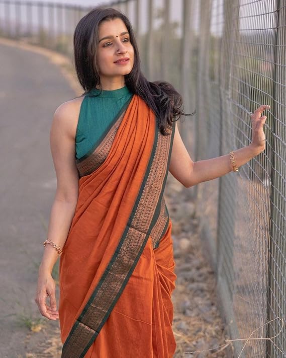 Image of UNIQUE QUEENS Women's Kanjivaram Cotton Silk Saree South Indian Paithani Sari | gadwal cotton sarees with Zari Border and Blouse Piece - Suitable For All Indian Occasions and Festivals 1085