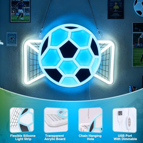 Image of Soccer Neon Sign, Dimmable Football LED Lamp for Wall Decor, Light up Sports Sign for Bedroom Playroom Man Cave Club Party College Dorm Decor, Cool Teenager Boy Kid Birthday Holiday Xmas Gifts