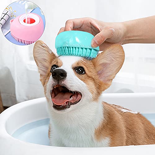 2 Pack Upgraded Dog Cat Bath Brush, Soft Silicone Grooming Brush Bristles with Loop Handle, Heart Shaped Brush Extra Shampoo Dispenser for Long Short Haired Dogs and Cats Grooming(Blue + Pink)