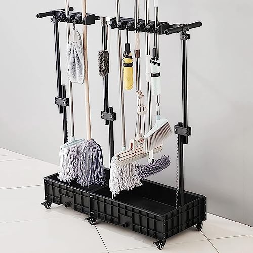 Broom and Mop Holder Corner Workshop Space Organizer Tower Garage Put Wet Mops Movable Floor Holder Organizer Commercial Kitchen, Restaurant, Business, Garages, Basements (Black 40X100X134Cm