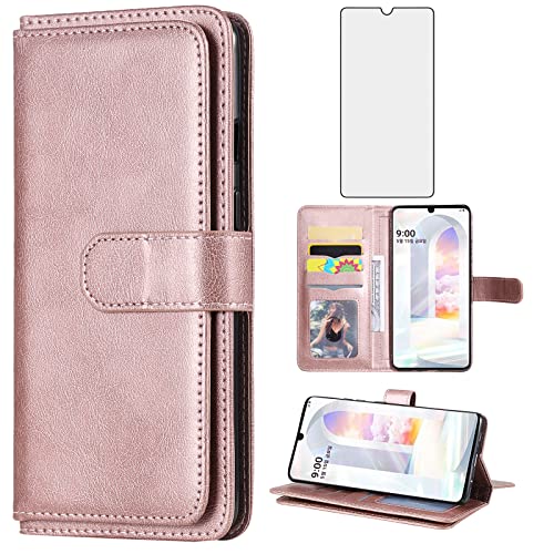 Asuwish Funda para LG Velvet 5G/4G con Cristal Protector de Pantalla Tarjetero Plegable Cadena Cuero Monedero Capa para LMG910EMW LM-G910EMW Carcasa Phone Case Oro Rosa