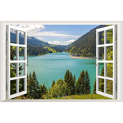 3D Lake View Fake Window Wall Stickers , Nature Mountain Forest Lake Mural, Wall Decals For Living Room, Bedroom, Dining Room Home Window Landscape Wall Decor, Peel And Stick Removable ,23.6”×35.4” #TOP23