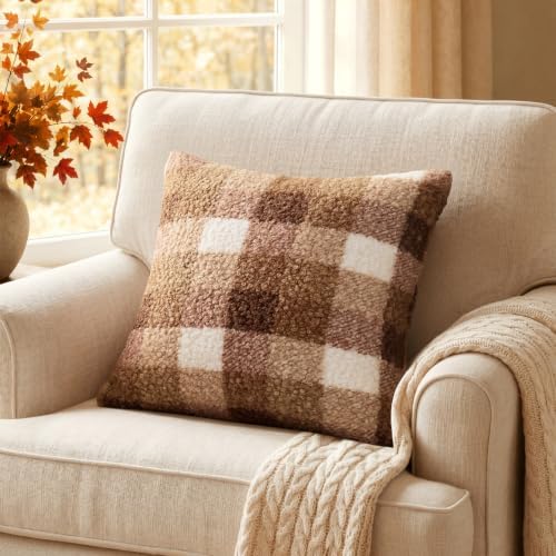 MIULEE Fall Plaid Pillow Covers Boucle Khaki White 18x18 Set of 2 — view 5