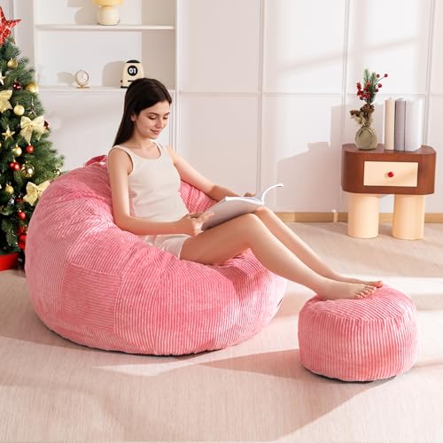 MAXYOYO Sillón Puff de Pana con Reposapiés para Adultos, Sofá Puff y Puf con Relleno de Espuma, Sillón Relax con Asa para Sala de Estar, Dormitorio, Juegos, Lectura y Relajación