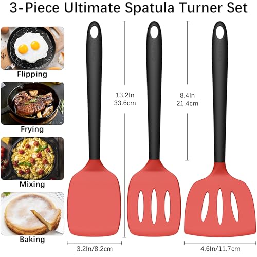 Image of Coukre 3 Pack Silicone Spatula Set, Heat Resistant to 500F, BPA-Free | Fish Spatula, Solid & Slotted Turners, Dishwasher Safe, Spatula Set for Eggs, Pancakes, Fish & Burgers, RedBlack