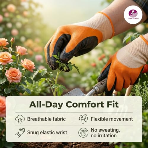 Image of DIVAYANSHI Gardening Gloves for Men & Women | Breathable, Lightweight & Flexible Grip | Anti-Slip Coated Palm | Durable Hand Protection for Planting, Weeding & Outdoor Garden Work