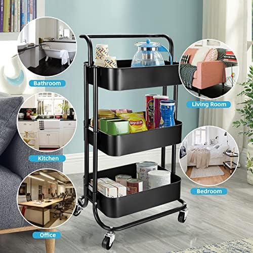 TNAVY 3 Tier Rolling Trolley with Handle, Metal Utility Cart on Wheels, Storage Organizer for Kitchen Laundry Bathroom and Office (Black)