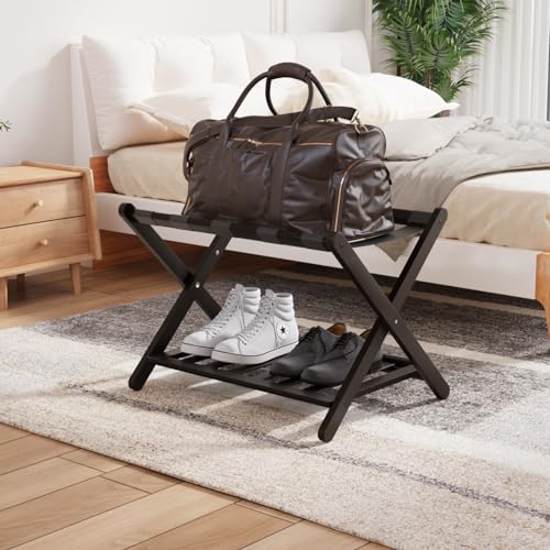 Image of Folding Luggage Rack for Guest Room Foldable luggage Racks for Suitcase Stand with Nylon Straps, Luggage Stand Double Tiers Bamboo Luggage Holder with Shelf for Bedroom, Hotel, No Assembly Required