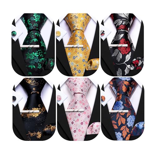 Image of Barry.Wang 6 PCS Men Ties Set Silk Business Fashion Woven Necktie Handkerchief Cufflinks Paisley Stripe Wedding Party