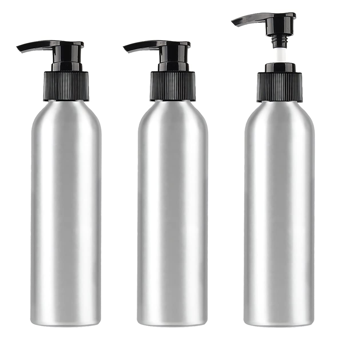 ZEOABSY 3 Pieces Empty 250ml Silver Aluminium Lotion Pump Bottle, Aluminum Bottles with Black Pump Head, Travel Metal Bottles for Cosmetic Shampoo Body Washing Gel Essential Oil Liquid Dispenser