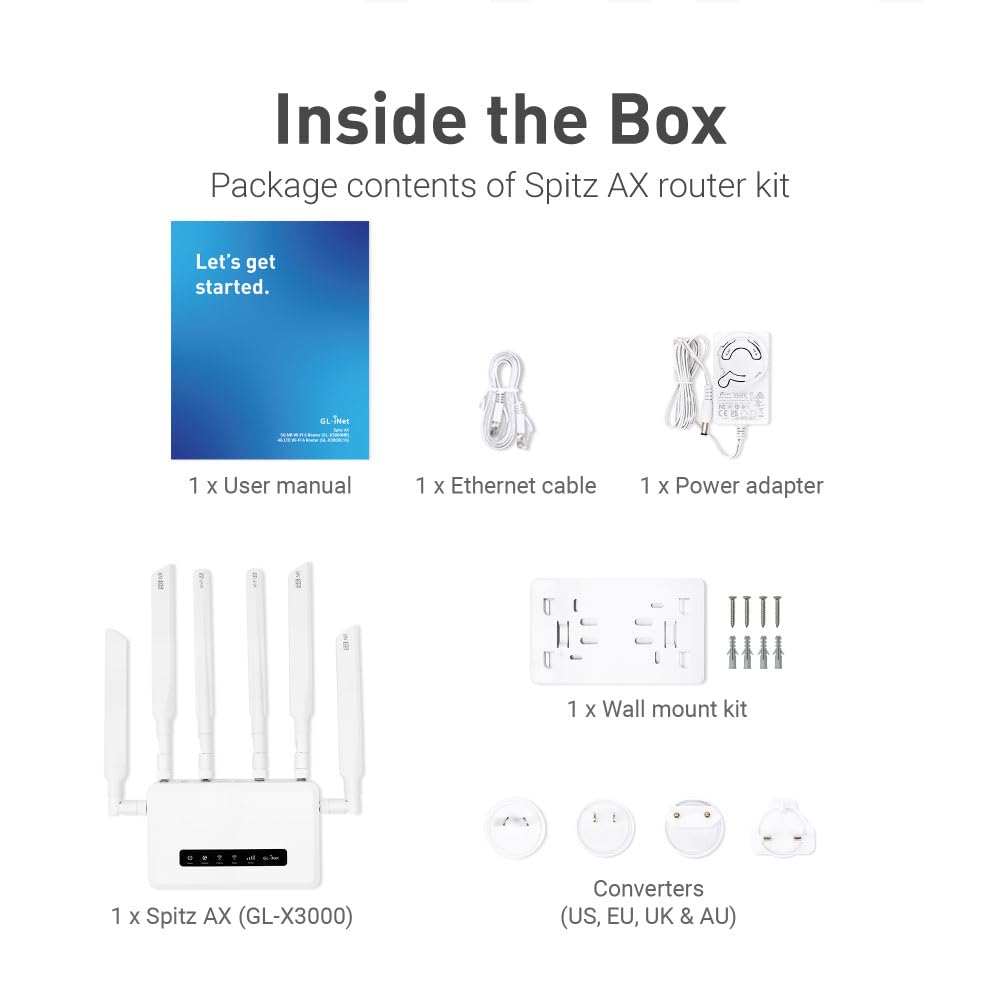 GL.iNet GL-X3000 (Spitz AX) 5G NR AX3000 Router z bramką komórkową, Wi-Fi 6, Multi-WAN i odłączane anteny, Dual-SIM, OpenVPN i WireGuard klient/serwer, OpenWrt, MU-MIMO, bezpieczny Internet RV