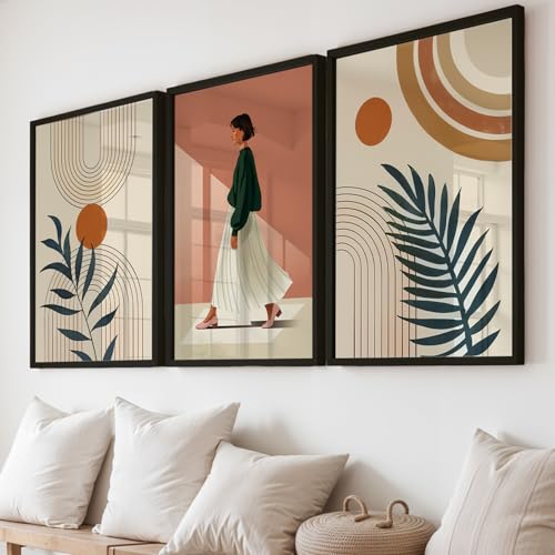 Image of NoWorries Mid-Century Modern Wall Art Framed Painting Set of 3 | Abstract Boho Botanical Artwork Print with Frame | Minimalist Geometric Sun & Leaf Design | Neutral Aesthetic Wall Decor Frames for Living Room, Bedroom, Office (Art-20, 25x37inch, Wooden)