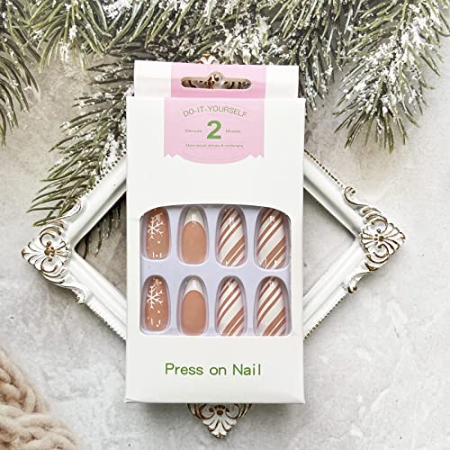 Snowflake Press On Nails Medium Length, Christmas Fake Nails With Design Almond Shape False Nails Full Cover Stick On Nails White French Tip Nails Cute Artificial Nails For Winter Xmas Nail Decoration #TOP4