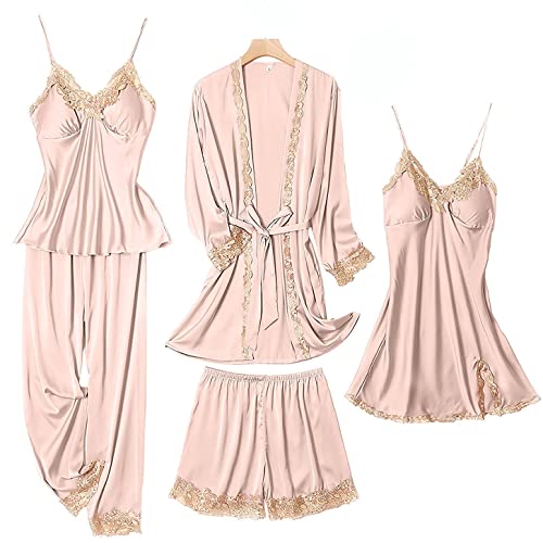 Image of SAPJON Silk Pajamas for Women 5PCS Lace Shorts Lightweight Satin Robes Set