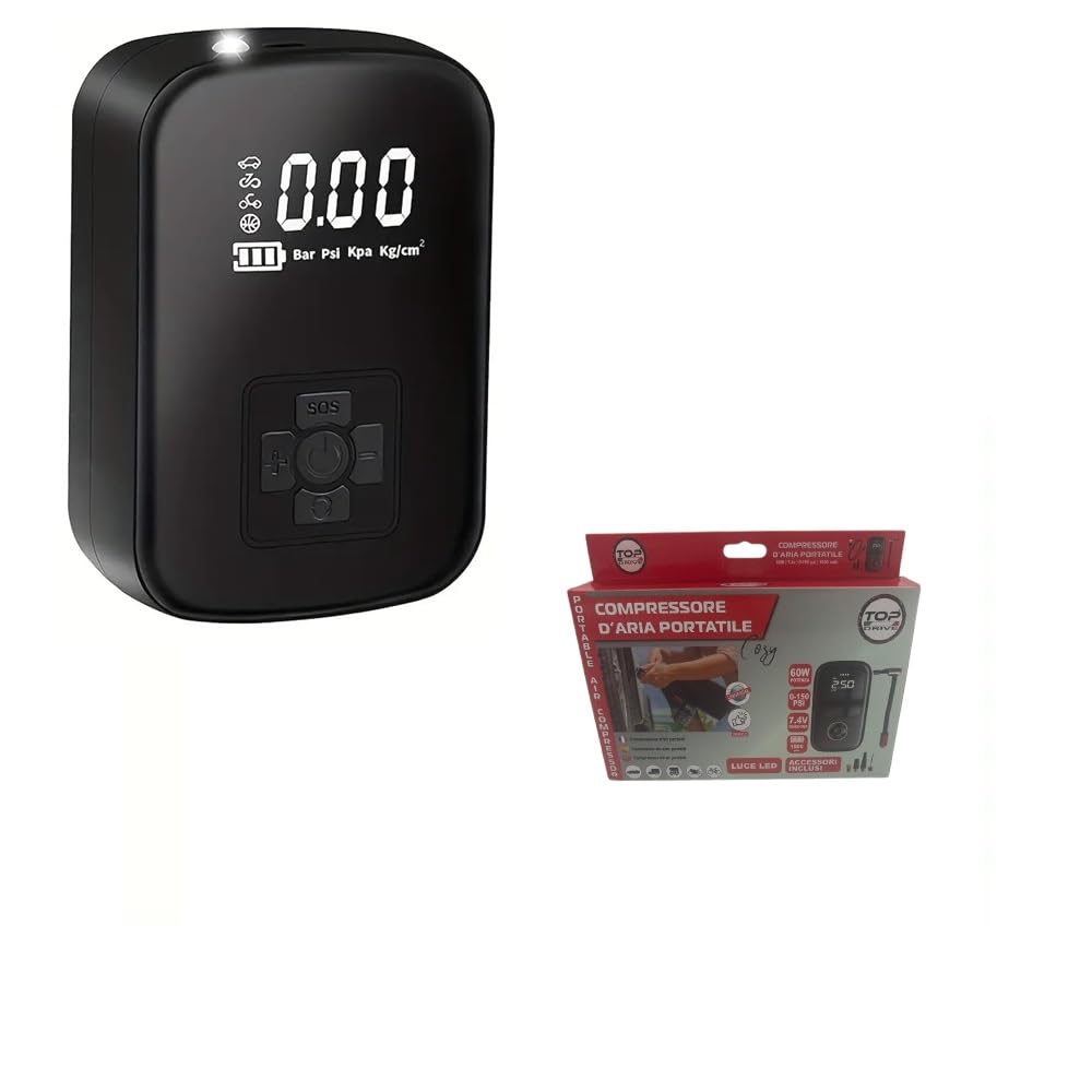 COMPRESSORE D'ARIA PORTATILE PER AUTO MOTO SCOOTER BICI PALLONE GONFIABILI COMPATIBILE CON SUZUKI V STROM 650 DL GONFIATORE AUTOMATICO 60W DI POTENZA 2000 Mah 8x14x4,5cm