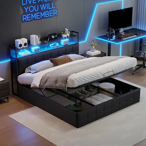 KSFASHZ Camas 140x200 con Espacio de Almacenamiento, Cama hidráulica de Matrimonio 140x200cm con LED y USB, Cama Canape Tapizada PU con Cabecero y Somier(Negro)