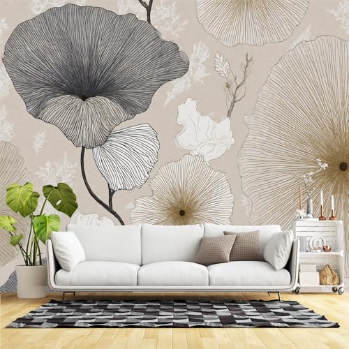 Murales de pared de tamaño personalizado, motivos florales botánicos beige, tela autoadhesiva (sin PVC), papel tapiz fotográfico grande extraíble para sala de estar, dormitorio, oficina