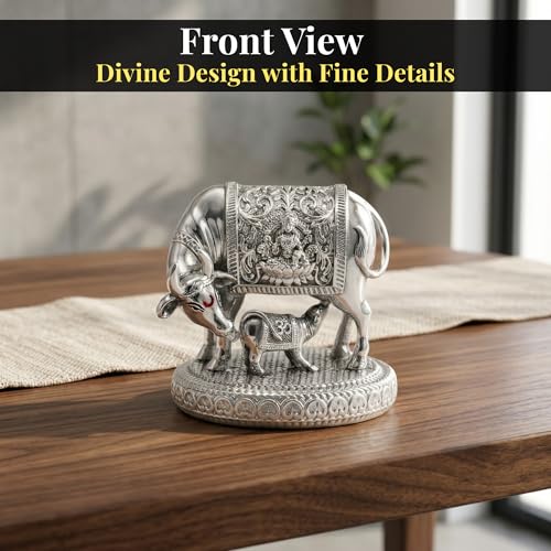 Image of 999 Pure Silver Plated Kamdhenu Cow Idol - 3.5 Inch Auspicious Vastu Home Decor for Pooja Room and Mandir - Sacred Symbol of Prosperity, Abundance and Luck - Ideal Religious