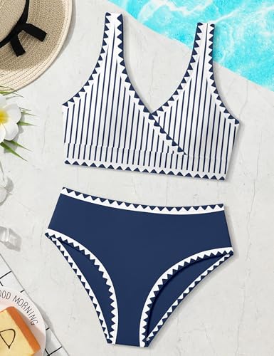 Image of KANGKANG Girls Swimsuit Bikini Set Solid Color V-Neck Two Piece Bathing Suit with Chest Pad Adjustable Straps Swimwear 7-16T