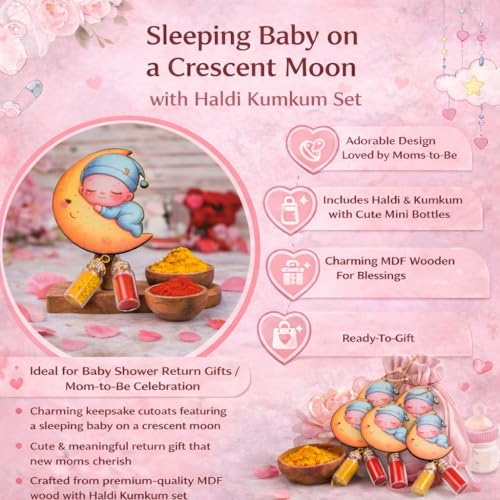 Image of CraftVatika Haldi Kumkum Return Gifts in Bulk Festive Decor, Pasupu Haldi Bottle Sleeping Baby on Crescent Moon Cutout, Thamboolam Return Gifts for Wedding, Pongal, Diwali Baby Shower Gift (15 Pcs)