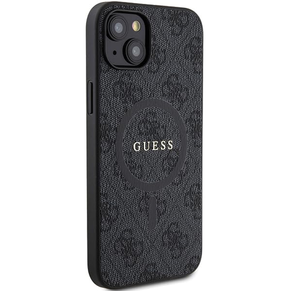 Guess GUHMP15SG4GFRK - Custodia rigida per iPhone 15/14/13 6.1", collezione 4G, con logo in pelle, colore: Nero