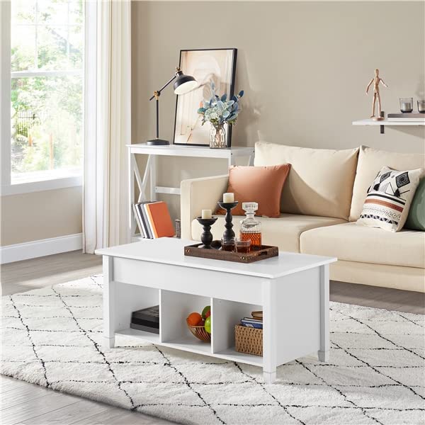 Abician Table Basse Relevable et Rectangulaire en Bois, 1 Grand Compartiment Caché, 3 Compartiments Ouverts, Pied en Bois Massif, Style Minimaliste, Maison, Salon Blanc