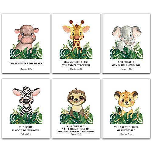 Image of FaCraft Nursery Decor,Set of 6 Baby Safari Animals Wall Art Prints with Bible Verses,Christian Wall Art for Baby Boy Girl Room Jungle Nursery Decor,8x10inch -Unframe