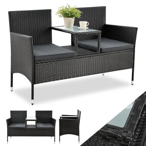 ArtLife Polyrattan Gartenbank Monaco | 2er Sitzbank mit integriertem Tisch schwarz | dunkelgraue Bezüge | Sitzgruppe Terrassenmöbel Balkonmöbel