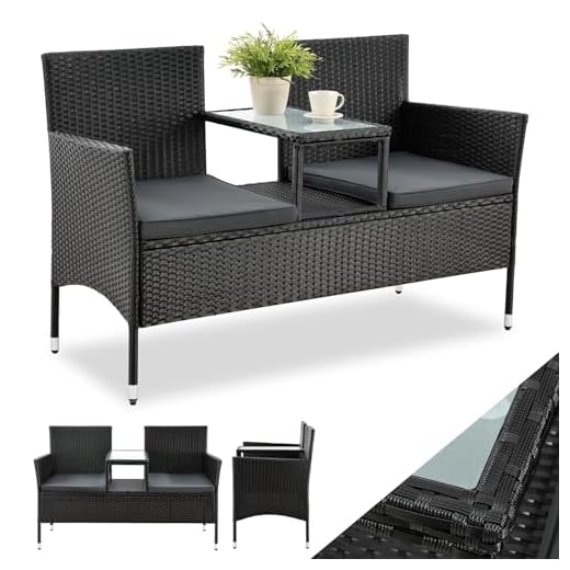ArtLife Polyrattan Gartenbank Monaco | 2er Sitzbank mit integriertem Tisch schwarz | dunkelgraue Bezüge | Sitzgruppe Terrassenmöbel Balkonmöbel