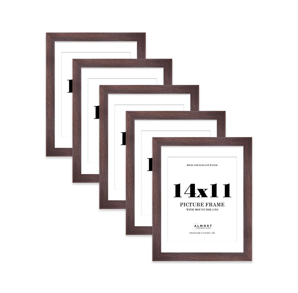 14x11" Walnut Frame With Mount for 11x9" Pictures 28mm Edge Portrait and Landscape Display with Wall Hooks and Kickstand, 5 Pack