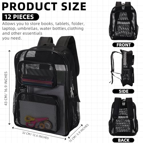 12 Pcs Mesh Backpacks Bulk 17 Inch Heavy Duty School Backpacks for Sports Travel Donation Charities(Black)2